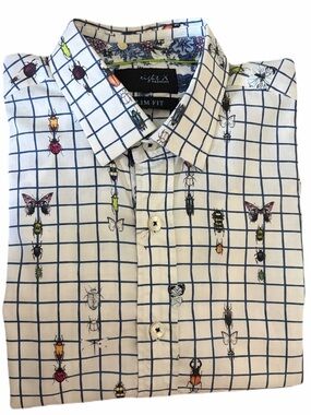 Eight X Slim Fit White Grid Button-Up Shirt with Multicolor Insect Print Size S